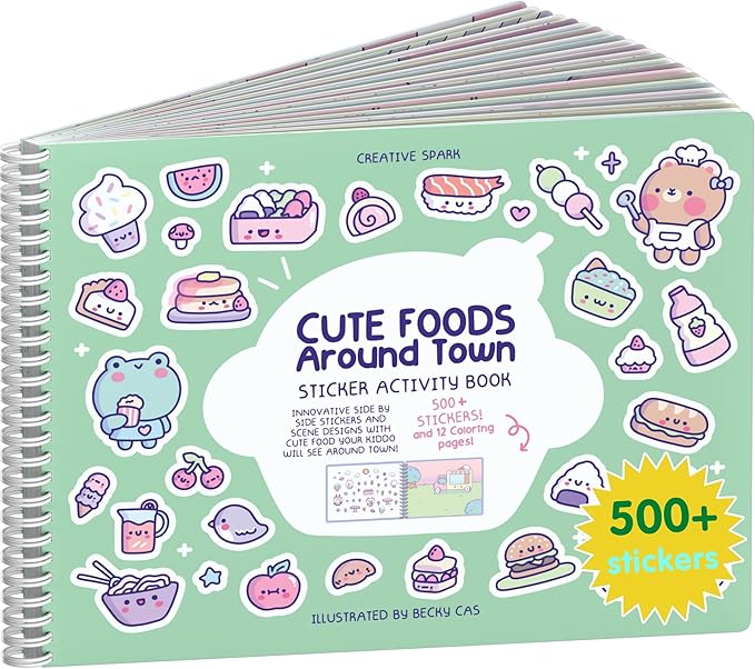 Girly Sticker Book Activity for Kids, Cute Foods Around Town by Cupkin, Toddler Airplane Travel Essentials, 500+ Stickers for Kids 12 Scenes + Coloring Book Pages, Crafts Ages 2-8