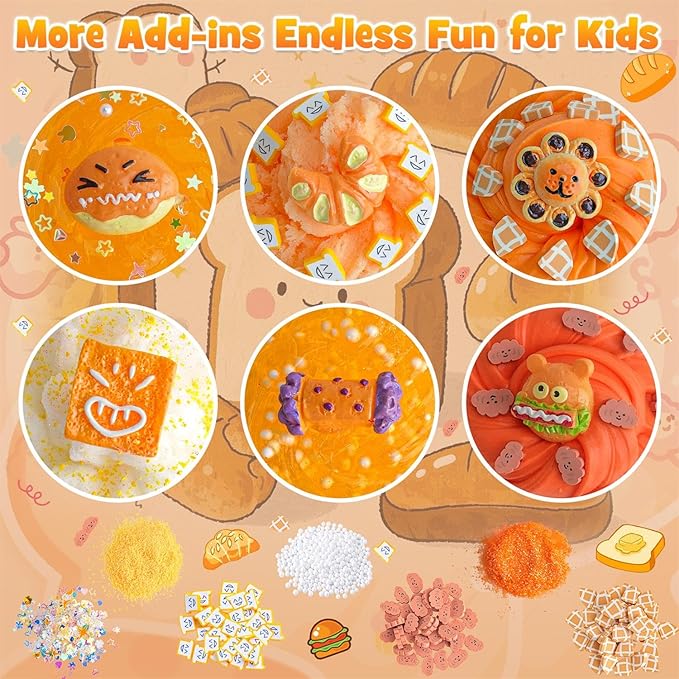 6 Packs Gradient Orange Slime Kit - Cloud Slime, Butter Slime & Clear Slime, Crunchy Slime for Kids with Various Slime Add-ins, Non Stick Slime Party Favors for Girls and Boys, 360ml Kids Slime(Bread)