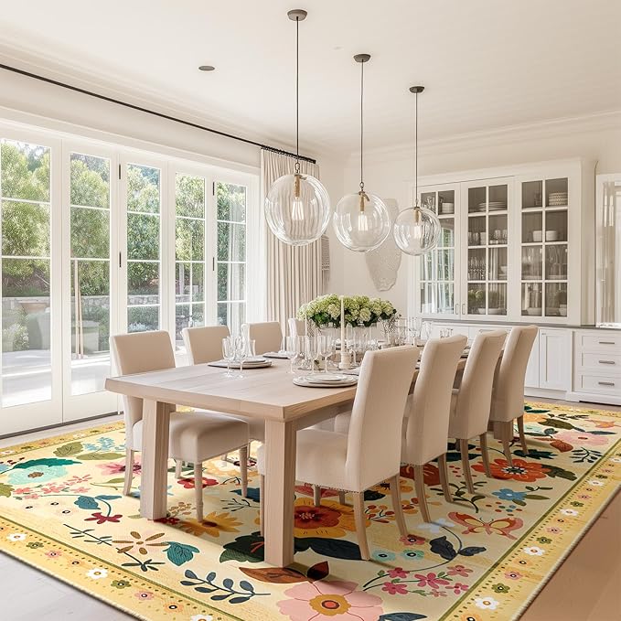 Floral 9x12 Area Rug Machine Washable Soft Print Boho Carpet Non Slip Doormat Low Pile Flower Area Rugs for Living Room Bedroom Nursery Kitchen Dining Room Indoor-Ivory/Yellow