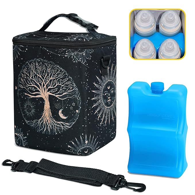 Breastmilk Cooler Bag with Ice Pack Fits 4 Baby Bottles Up to 9 Ounce Insulated Baby Bottle Bag Breast Milk Cooler on The Go with Strap Baby Bottle Cooler Bag for Nursing Mom Daycare or Travel