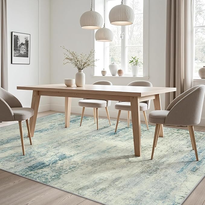 Area Rug 9x12 Washable Rugs: Abstract Large Living Room Rugs with Non-Slip Backing, Thin Carpet for Dining Room Table Bedroom Nursery Indoor Home Office-Blue/Gray