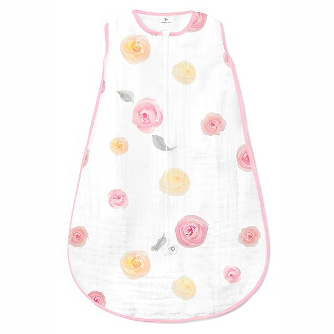 Amazing Baby Cotton Muslin Sleeping Sack, For Baby Girl, Wearable Blanket with 2-way Zipper, Watercolor Roses, Pink, Small (0-6 Month)