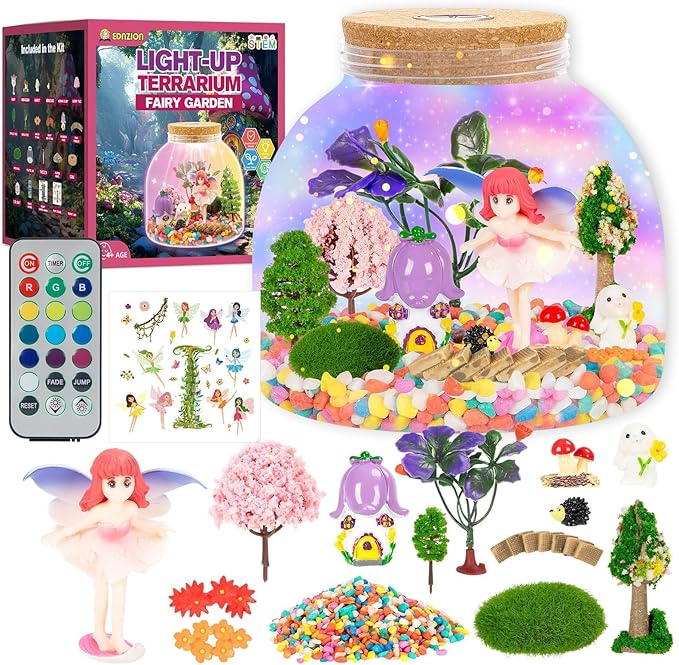 Fairy Garden Light Up Terrarium – DIY Craft Kit with LED for Girls Ages 4-8 | STEM & Art Gift for Kids, Ideal for Birthday or Holiday