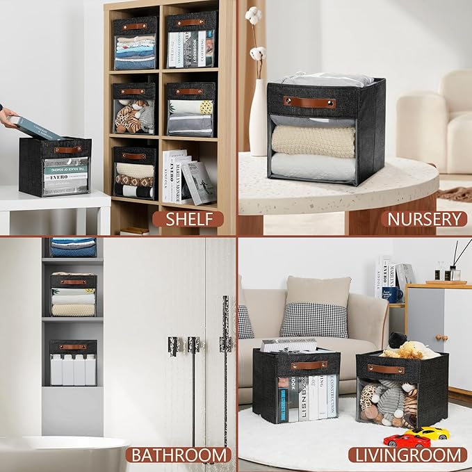 HNZIGE Fabric Cube Storage Bins 11 x 11, Collapsible Storage Cubes Bins for Storage Shelves,Foldable Cube Storage Bins for Storage, Cubby Closet Clear Bins for Storage Blanket(Prints Black 6PCS)