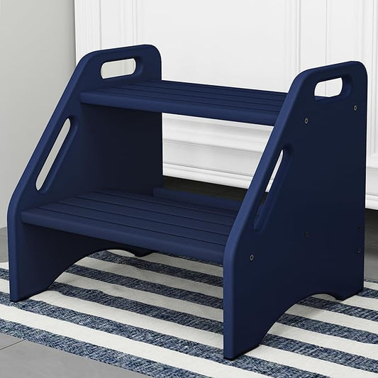 AMBIRD Wooden Step Stool, Two Step Stools Toddler 300 lbs Capacity with Safety Non-Slip Pads and Handles, Bamboo Step Stool for Bathroom, Kitchen Dual Height Step Stools for Kids (Navy Blue)