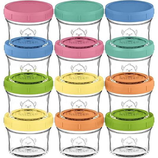 KeaBabies 12pk 4oz Glass Baby Food Containers with Lids - Leak-Proof, Microwavable Small Glass Jars, Baby Purees & Toddler Snack Storage Containers, BPA-Free, Dishwasher & Freezer Safe (Kea)