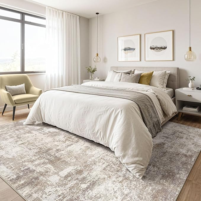 5x7 Area Rugs Living Room: Washable Large Abstract Soft Rug Stain Resistant Indoor Floor Non-Slip Accent Carpet for Women Modern Home Enthusiasts Aged 25-45 - Bedroom Nursery Playroom- Beige Brown