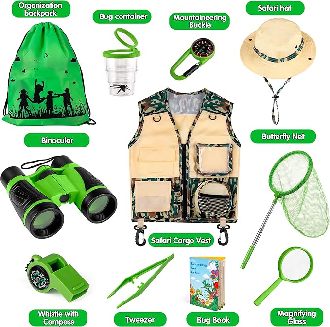 INNOCHEER Kids Explorer Kit & Bug Catcher Kit & Safari Costume Kit, Outdoor Exploration Set with Hat, Vest, Butterfly Net and Bugs Book for Boys Girls 3-12 Years Old (Camouflage Green)