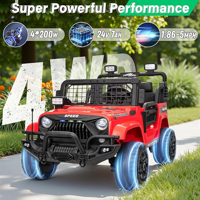 2 Seater Ride On Car Truck with Remote Control XL, Kids 24V Battery Powered Electric Vihicle w/21 in Seat, 3 Speeds, 2WD/4WD Switichable, Shock Absorbers,Bluetooth, Flower, Gift Choice