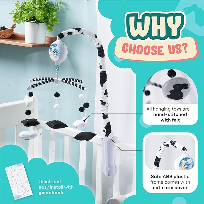 EVERLOVE Montessori Mobile Baby for Crib (TINITIGIES) - Digital Music Box with 12 lullabies & 3 Modes (Rotating only, Music only, or Both) - Black and White Baby Mobile for Boys & Girls