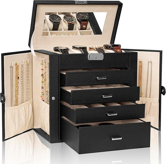 AKOZLIN 5-Tier Jewelry Box Lockable Leather Jewelry Storage Case with 4 Drawers for Women Girls Ring Necklace Earring Bracelet Watches Holder Organizer with Mirror