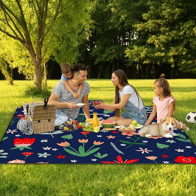 Extra Large Picnic Blanket Waterproof,80"x 80"Foldable Machine Washable Beach Blanket,Outdoor Blanket for 6-8 Adults,Suitable for Indoor Crawling,Park Beach,Camping,Hiking,Family Travel(Light Blue)