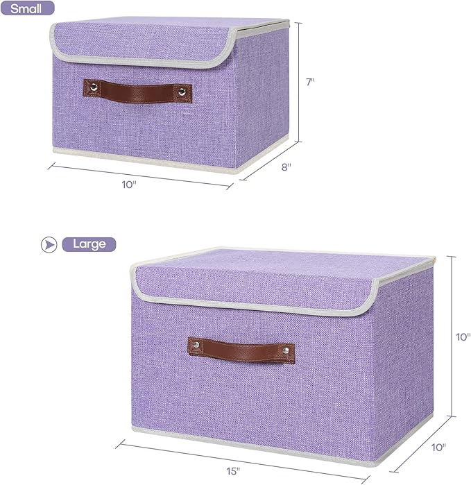 ANMINY 2PCS Storage Bins with Lid PU Leather Handles Storage Boxes PP Plastic Board Decorative Foldable Lidded Cotton Linen Fabric Home Cubes Baskets Closet Organizer Containers - Purple, Large Size