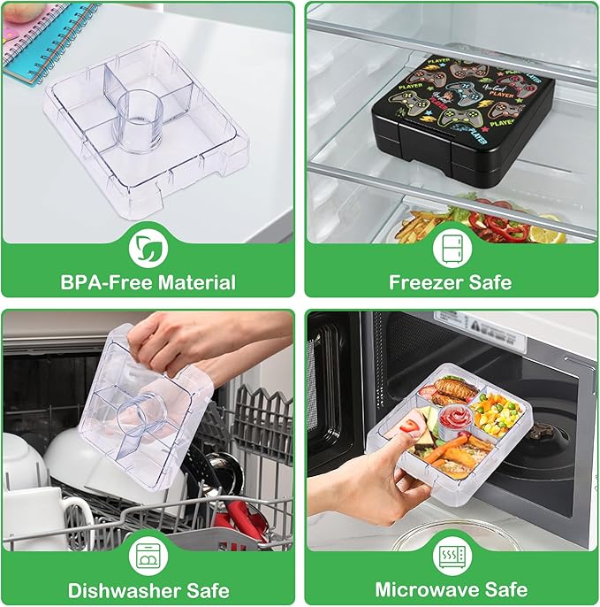 Bento Lunch Box Set With 10oz Soup Thermo, Leak-proof Lunch Containers with 4 Compartment, Kids Hot Thermo Food Jar/Insulation Lunch Bag, Food Containers for School (Black-Games)