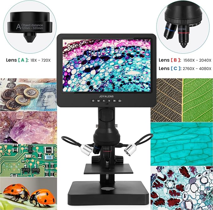JL249PS 3 Lenses 10 Inch HDMI LCD Digital Microscope, UHD 4000× 24MP Biological Microscope with Prepared Slides, Coin Microscope for Full-Size Coins Error Coins, PC/TV Compatible, 32G Card