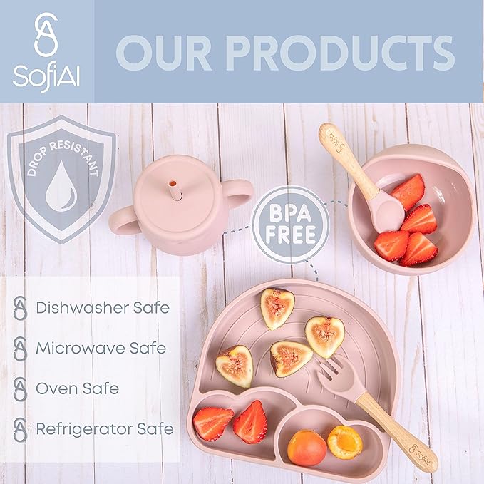 All In One Silicone Feeding Set - Safe for 6-12 Months - Non-Toxic Baby Led Weaning Supplies - Toddler Self Feeding Utensils - BPA-Free - Mess Free Essentials
