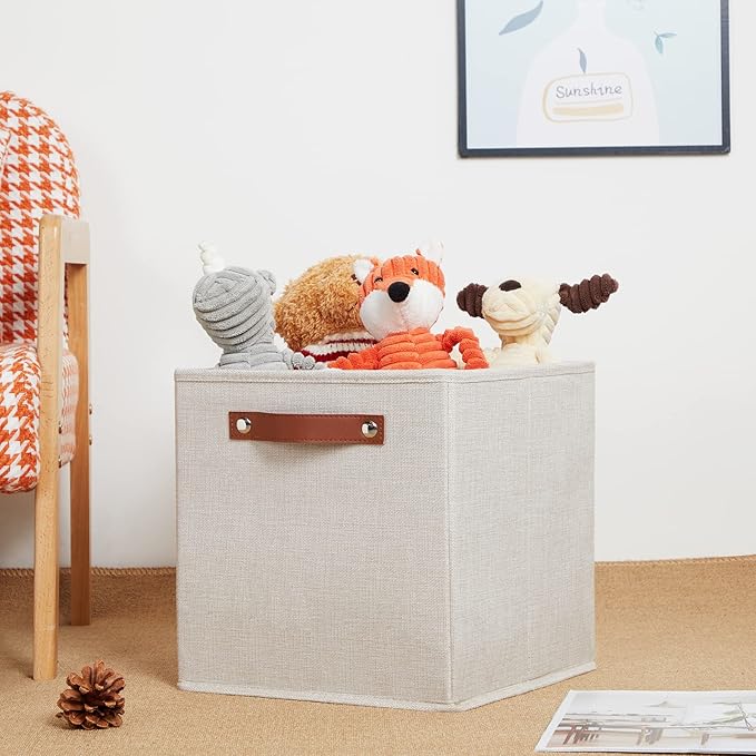 HNZIGE Foldable Storage Cubes Bins for Organizing, Set of 4, Fabric Cube Canvas Storage Bins 11 x11, Collapsible Bins for Organization with Handles for Shelf Nursery(Beige)