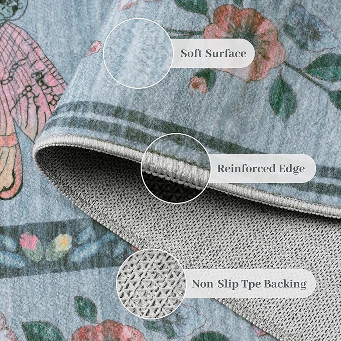 6ft Washable Round Rug - Bug Rugs for Living Room Non-Slip Low Pile Soft Ultra-Thin Machine Washable Circle Carpet for Bedroom, Entryway, Nursery, Kitchen, Home Office (6' Round Blue)