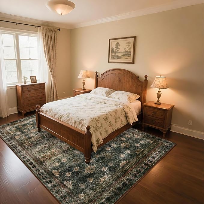 5x7 Washable Area Rug for Living Room Rustic, Non Slip Vintage Floral Bedroom Rugs Retro, Traditional Indoor Floor Carpet for Dining Room, Farmhouse, Office Classroom(Dark Green/Brown/Multi)