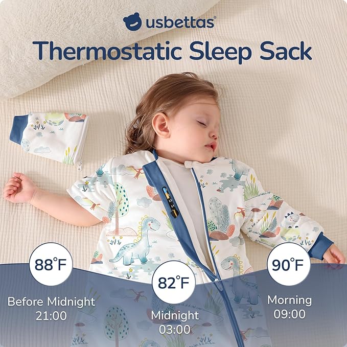 Baby Sleep Sack 3-6 Months, Cotton Detachable Long Sleeve Sleep Sack, 2.5 Tog Toddler Sleeping Sack with Temperature Strips, 2-Way Zipper Wearable Blankets for Newborns, Dinosaur