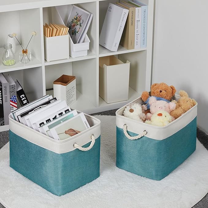 Bidtakay Foldable Storage Bins Set of 2 Tall Cloth Baskets 16" X 11.8" X 11.8" Decorative Organizers for Linen Closet (White & Teal)