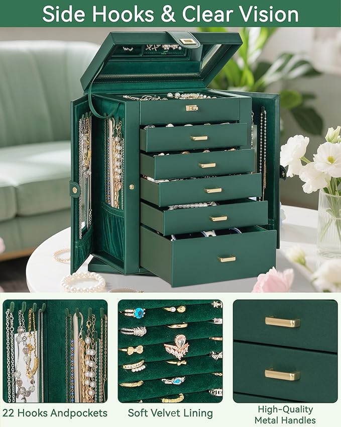 AKOZLIN 360° Rotating Jewelry Box 6-Tier Organizer Functional Jewelry Storage Case for Women Girls Ring Necklace Earring Bracelet Holder with Mirror