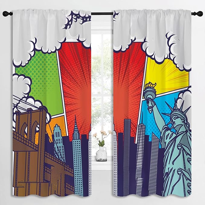 City Rod Pocket Blackout Curtains for Boy Girl Bedroom, Pop Art Style New York Cityscape Thermal Insulated Home Window Drapes for Living Room Darkening, 72x63 inch
