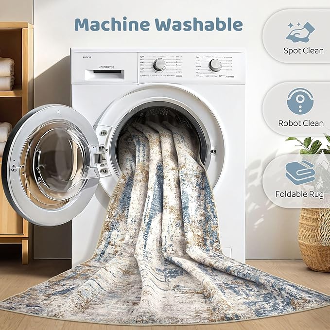 4x6 Rug Washable Area Rugs: Abstract Modern Soft Stain Resistant Indoor Floor Accent Non Slip Carpet for Living Room Entryway Kitchen Bedroom Nursery Office Bedside Home House Decor- Tan