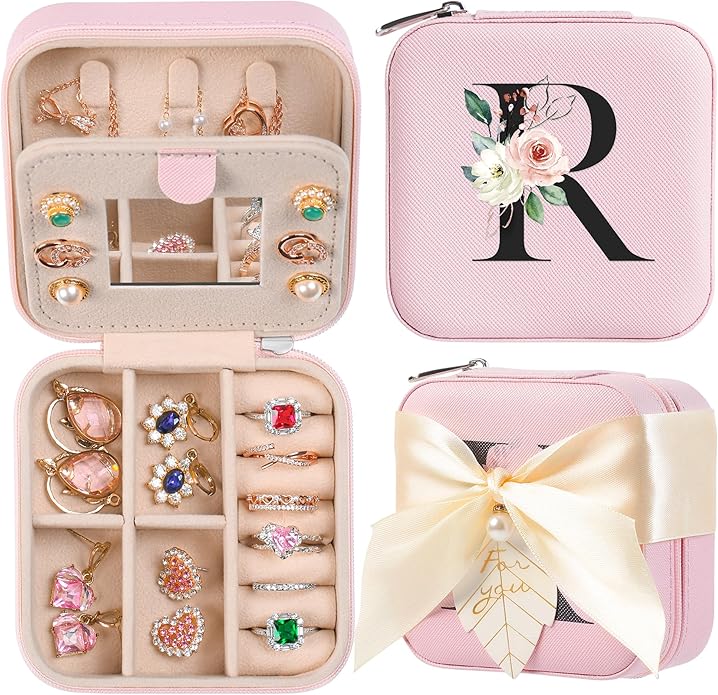AYGXU Travel Jewelry Box for Women and Girls - Small Case With Initial A-Z - Teacher Gifts