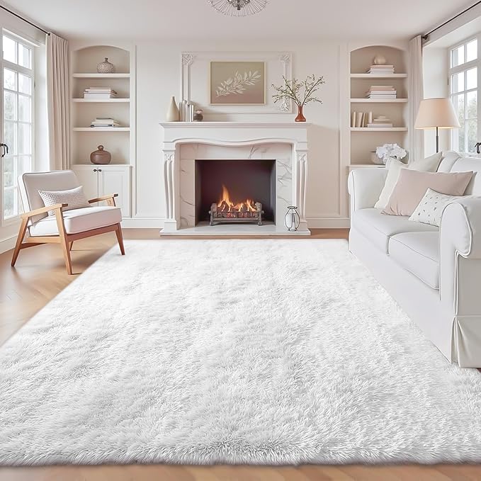 8x10 Area Rug for Living Room: Fluffy Shag Soft Washable Rugs Large Fuzzy Plush Indoor Carpet for Bedroom Nursery Playroom Kids Girls Boys Room (White, 8'x10')