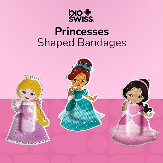 BioSwiss Bandages, Princess Shaped Self Adhesive Bandage, Latex Free Sterile Wound Care, Fun First Aid Kit Supplies for Kids, 50 Count