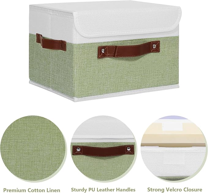 ANMINY 2PCS Storage Boxes with Lid Washable Decorative Storage Bins Basket with PU Leather Handle Foldable Linen Fabric Storage Cubes Containers for Home Closet Organizer - Green White, Large Size