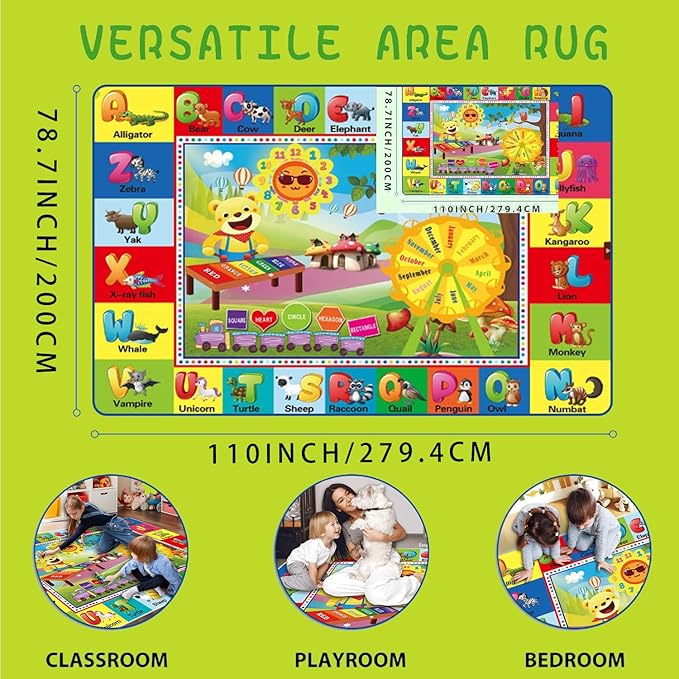ABC Rug for Kids Room, ABC Mats for Floor Toddlers, Alphabet Play Mat Elementary Preschool Kid's Rugs wtih ABC, Numbers, Animals - (110X78.7 Inches)