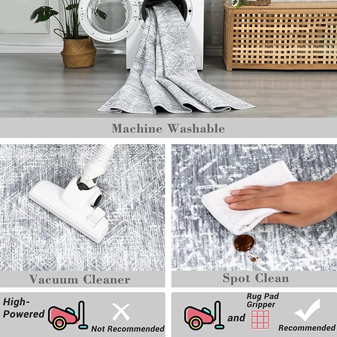 COZYLOOM 5x7 Rug Living Room Modern Washable Distressed Accent Carpet with Non-Slip Backing, Ultra-Soft Contemporary Geometric Floor Mat for Kitchen, Bedroom, Grey