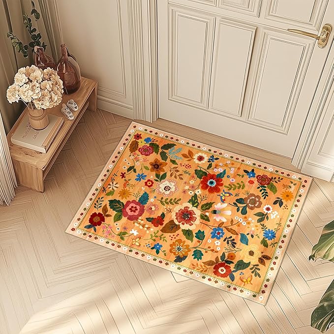 Floral 2x3 Area Rug Machine Washable Soft Print Boho Carpet Non Slip Doormat Low Pile Flower Area Rugs for Living Room Bedroom Nursery Kitchen Dining Room Indoor-Yellow/Orange