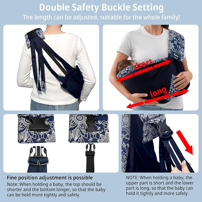 CUBY Wrap Baby Sling Carrier, Baby Wraps Sling Carrier Adjustable Breathable Lightweight Easy to Wearing - Baby Slings for Newborn Infant Toddler Front & Hip Carry Up to 40lbs (Dark Blue Floral)