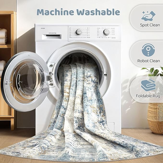 9x12 Area Rug Living Room: Washable Large Abstract Modern Soft Stain Resistant Indoor Floor Rugs Non Slip Accent Carpet for Bedroom Nursery Playroom Office Dining Room Dorm Home House- Blue