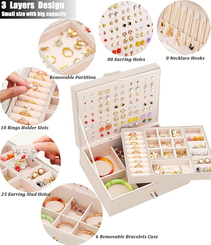 Girls Jewelry Box Earring Holder Organizer for Girls Jewelry Organizer Box Stud Earrings Organizer for Girls Womens Beige Jewelry Box for Earrings and Necklaces Rings Stud Earring Box for Teen