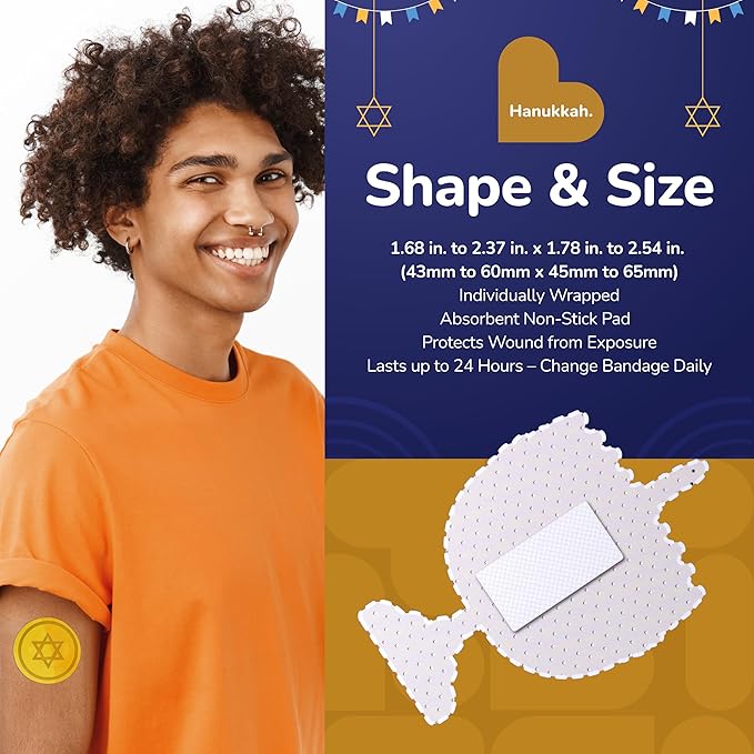 BioSwiss Bandages, Hanukkah Shaped Self Adhesive Bandage, Latex Free Wound Care, Fun First Aid Kit Supplies for Kids and Adults, 24 Count