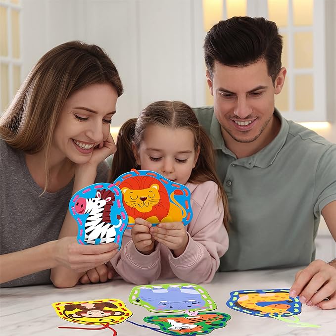 9 Pieces Kids Lacing Cards, Double Sided Sewing Cards in 9 Wild Animals with 9 Colorful Laces, Imagination Development Lacing Toys Games for Children Educational and Learning Activity