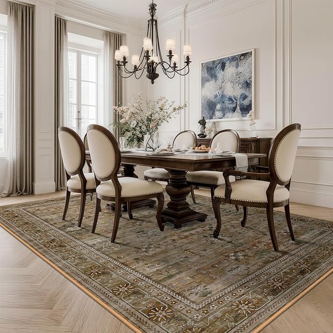 5x7 Washable Area Rug for Living Room Dining Room, Distressed Non Slip Vintage Floral Rugs for Bedroom, Traditional Indoor Floor Carpet for Dining Kitchen Farmhouse Olive/Charcoal