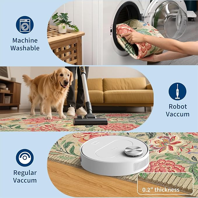 GarveeHome Floral Botanical Washable Rugs 5x7 Area Rug for Living Room, Camel Taupe Brown Vintage Boho Cottage Throw Rugs Low Pile Carpet for Bedroom Dining Nursery Rug