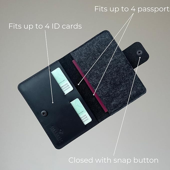 Family Passport Holder Compatible with Airtag Tracker Full Grain Leather Passport Wallet Cover with a Place for Airtag for Secure Travel Documents Storage. Black Color. CITYSHEEP