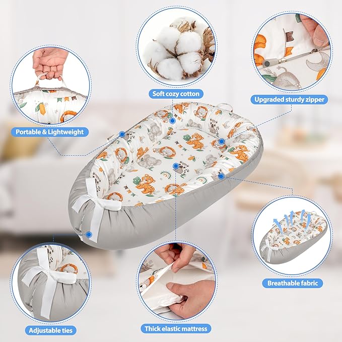 Baby Lounger - Breathable & Soft Baby Nest, Portable and Lightweight Tummy Time Lounger for Home and Travel, Ideal Newborn Babies Essentials Baby Shower Gifts