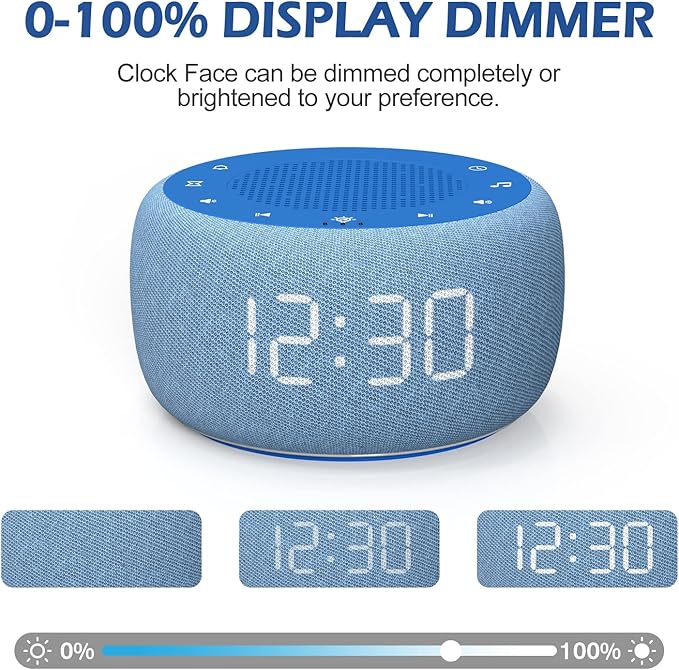 Buffbee Sound Machine & Alarm Clock 2-in-1, 0-100% Clock Face Brightness, Bottom Colored Light, Sleep Timer, Precise 30-Level Volume Control White Noise Machine - Twilight
