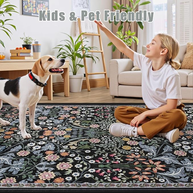 Area Rug Living Room Rugs: Floral 4x6 Washable Rug Vintage Soft Boho Non-Slip Carpet Indoor Floor Stain Resistant Large Carpets for Bedroom Dining Room Farmhouse Nursery Hallway Home Office Dark Black