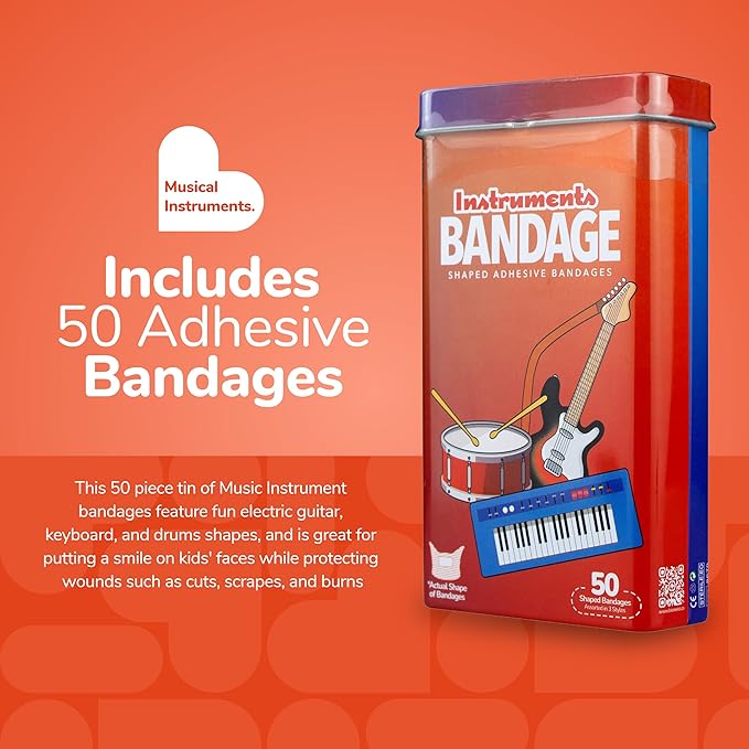 BioSwiss Bandages, Musical Instruments Shaped Self Adhesive Bandage, Latex Free Sterile Wound Care, Fun First Aid Kit Supplies for Kids and Adults, 50 Count