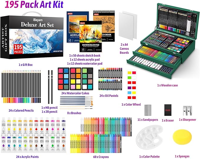 iBayam Art Kit for Kids Teens Teenage Adult, 195-Pack Drawing Coloring Sketching Art Supplies Set for Cards Rocks Eggs Canvas Ceramic Wood Anime, with Canvases, Sketchbooks, Watercolor & Acrylic Pads
