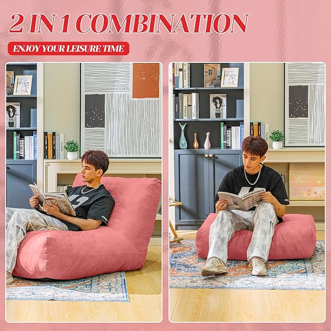 Bean Bag Chair with Ottoman, Comfy Bean Bag Sofa with Memory Foam, Lazy BeanBag Sofa with Footstool, Fireside Bean Bag Couch for Living Room, Bedroom, Apartment