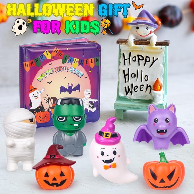 Halloween Light Up Bath Toys for Toddlers Kids, No Hole Bath Toys with Halloween Bath Book, LED Light Bath Time Water Toys for Bath Tubs Bathroom, Halloween Toys & Gift for Toddlers Kids Baby Shower